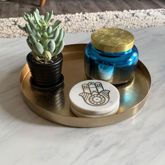 MyGift Brushed Brass Metal Decorative Tray, 11 inch Round Serving Tray - Picture 2 of 8